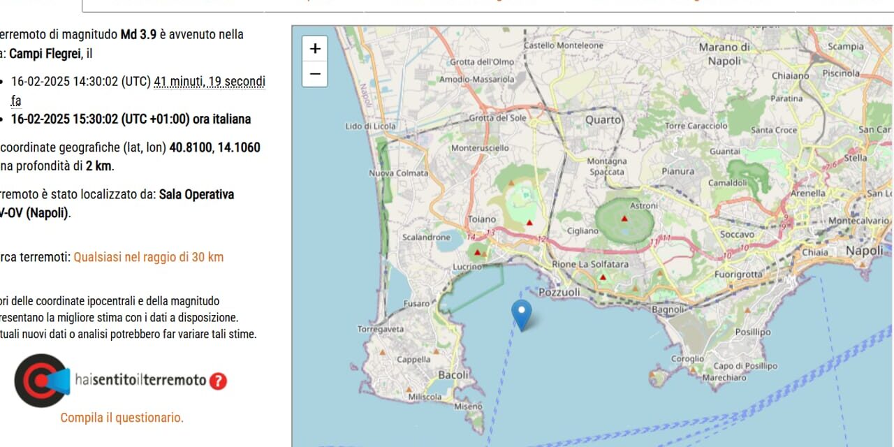 Magnitudo 3.9 per il sisma avvenuto poco prima delle 15.30; sentito in molti comuni dell’area metropolitana